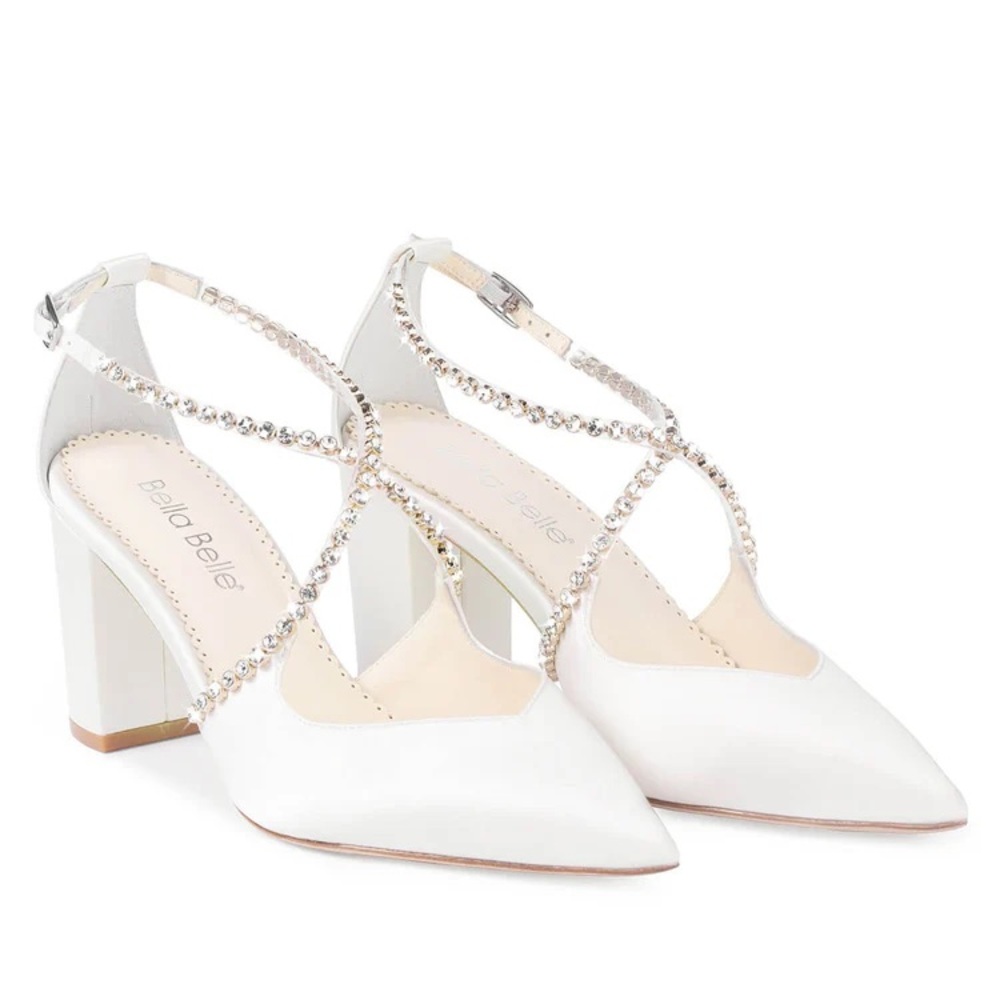 Bella Belle MASSIE Ivory Block Heel With Criss Cross Crystal Straps Silk | 7.5 - Picture 6 of 13